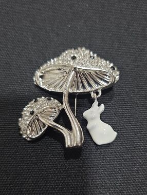 Silverplated Rhinestone Mushroom Brooch with attached White Bunny
